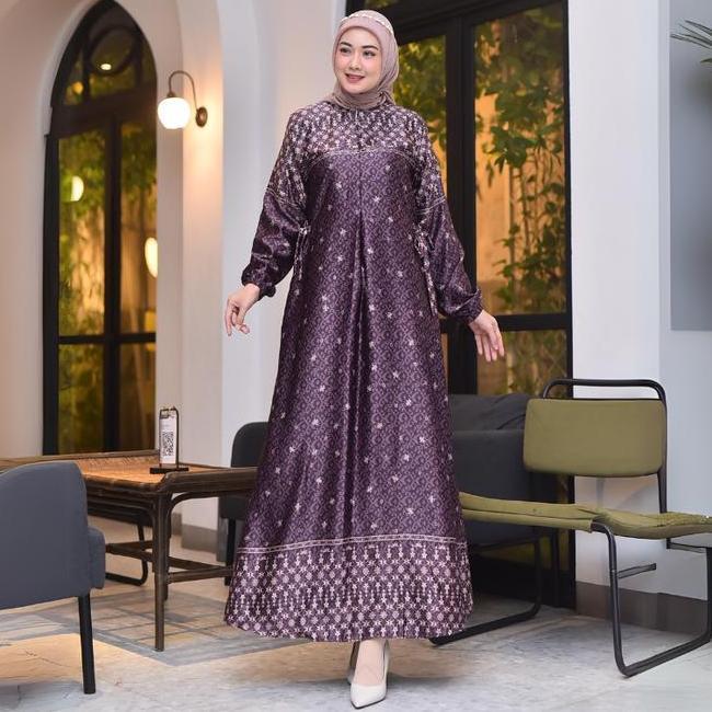 Dress Bela Gamis Mewah Motif Printing Bunsui Freandly Silk Dress Pesta Jumbo Lengan Wudhu Freandly M