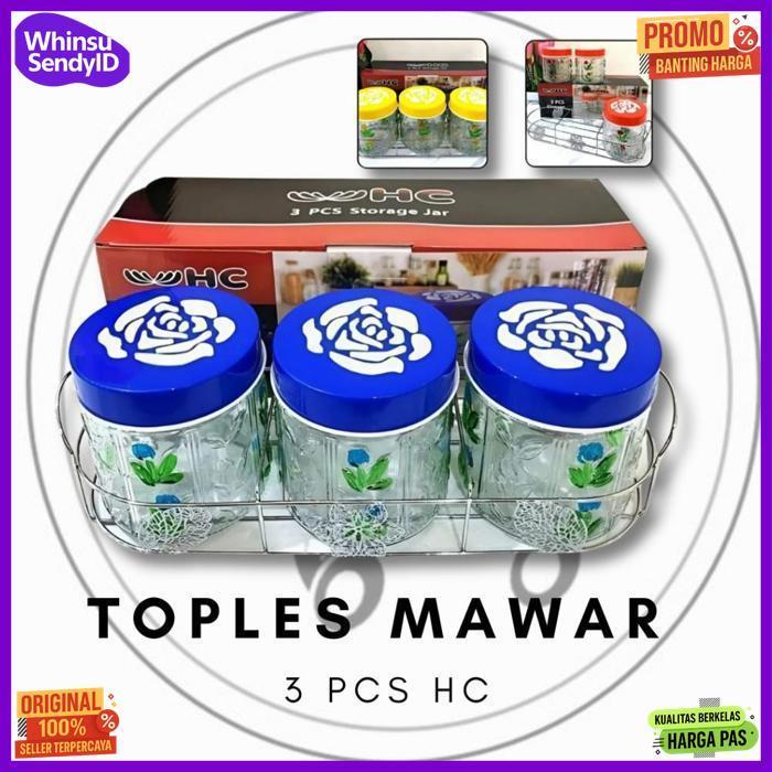 Quality Hc Toples Set Kaca 3 Pcs Hc + Rak Besi Toples Lebaran Cantik Motif Mawar Rose Beling