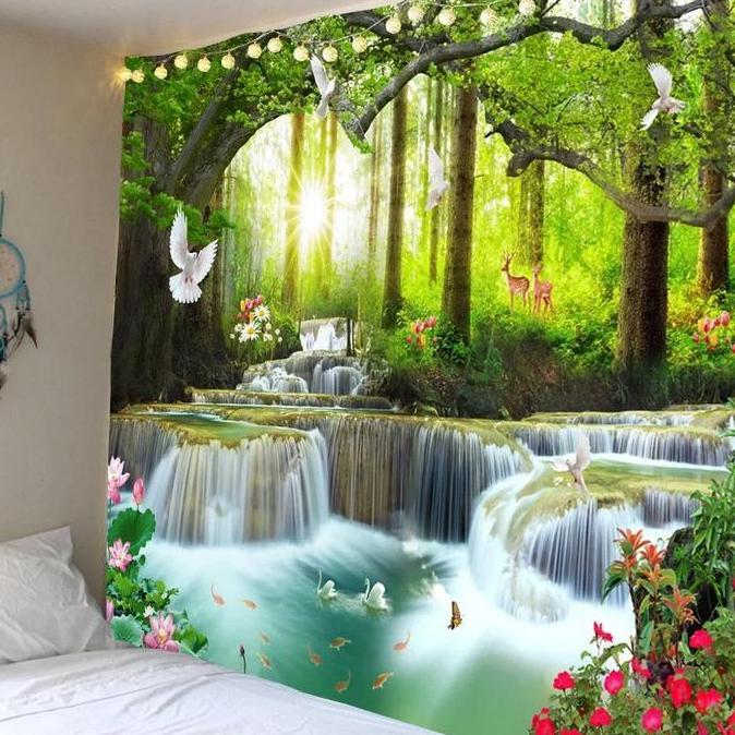 hutan alam yang indah, air terjun, cetak karpet dinding besar, karpet dinding hippie pemandangan lau
