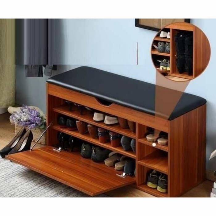 Bench Rak Sepatu Kayu Jati - Sofa Rak Sepatu - Lemari Sepatu 3 Susun