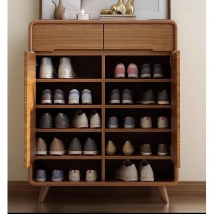 Lemari Sepatu Aesthetic Kayu Jati mix rotan minimalis/Rak sepatu tertutup minimalis kayu jati