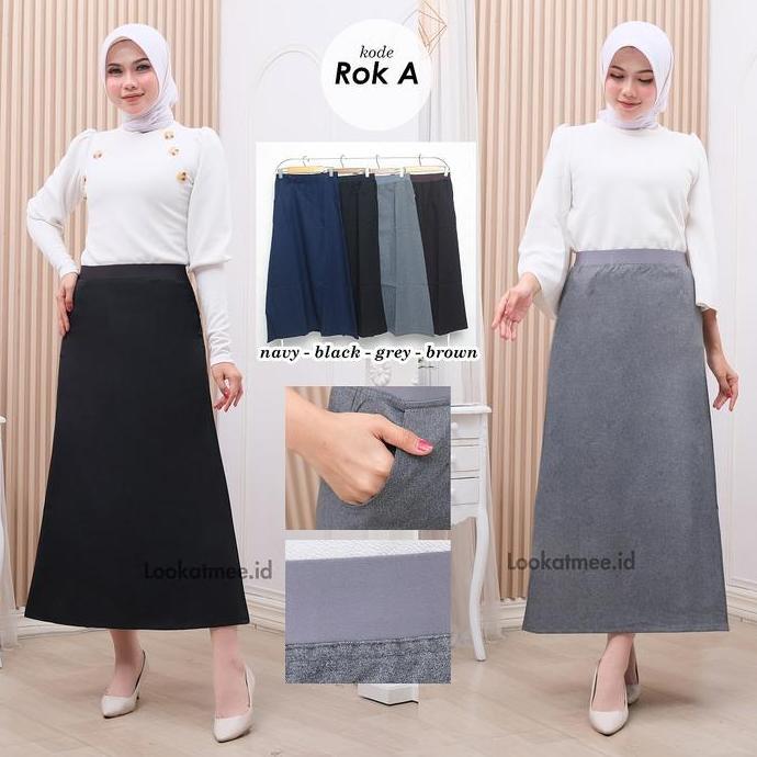 LOOKATMEE Rok A Line Wanita Full Karet Kerja Kuliah Sekolah Bahan Gabardin Semi Wool Warna Hitam Abu