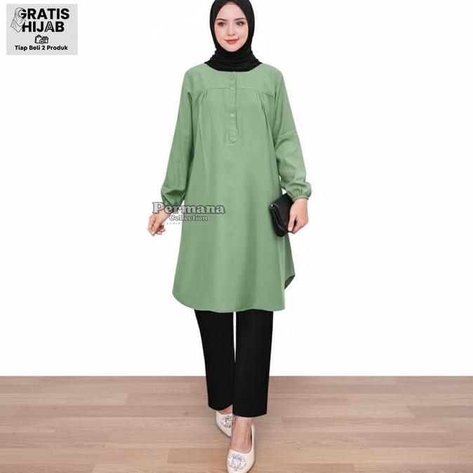 ORIGINAL Atasan Wanita Lengan Panjang Baju Kemeja Muslim Tunik Warna Merah Dewasa Rayon Kantong Basi