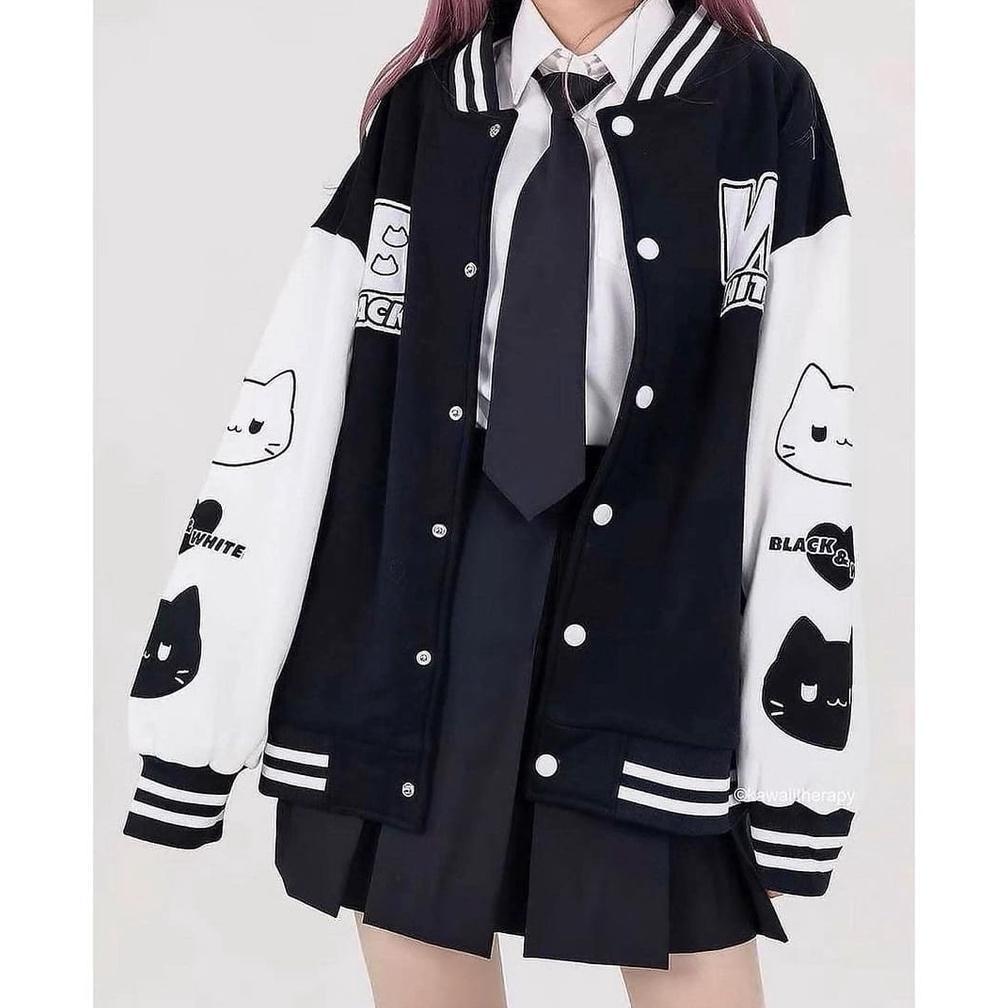 DISKON JAKET BASEBALL BLACK WHITE VARSITY OVERSIZE - JAKET BASEBALL OVERSIZE WANITA