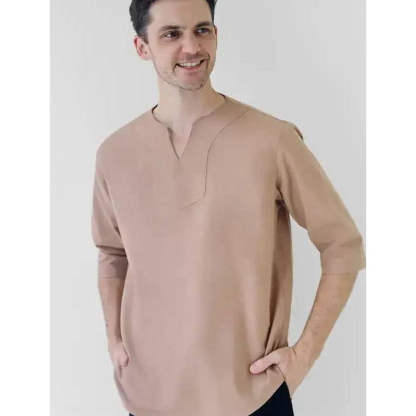 Cotton Well Morocco Shirt Latte | Kemeja Koko Pria Kerah V Neck Coklat Susu