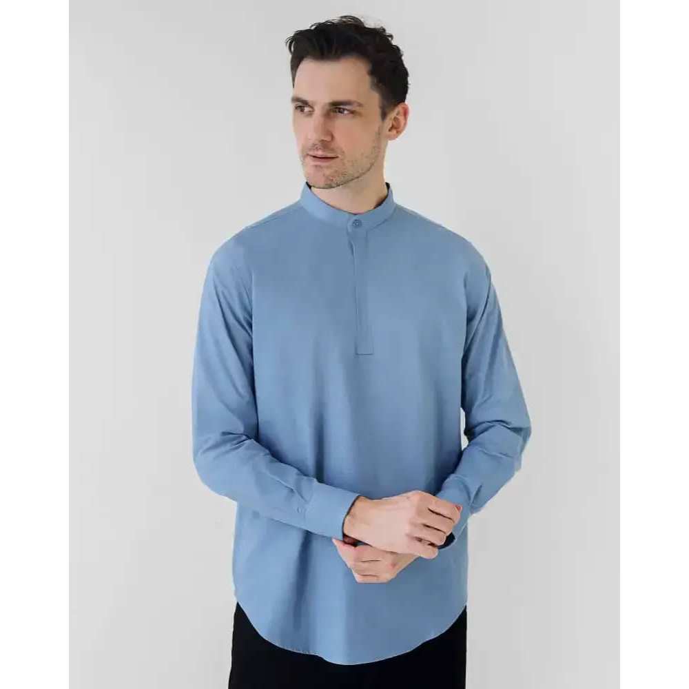 Cotton Well Oman Henley Shirt Blue Kemeja Koko Basic Lengan Panjang Biru