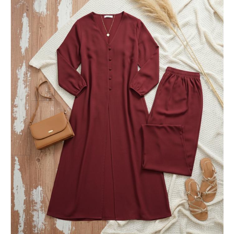 sale Set Baju Tunik Muslim Long Dress Premium - Outer Tunik Panjang Polos - Atasan dan Celana Setela
