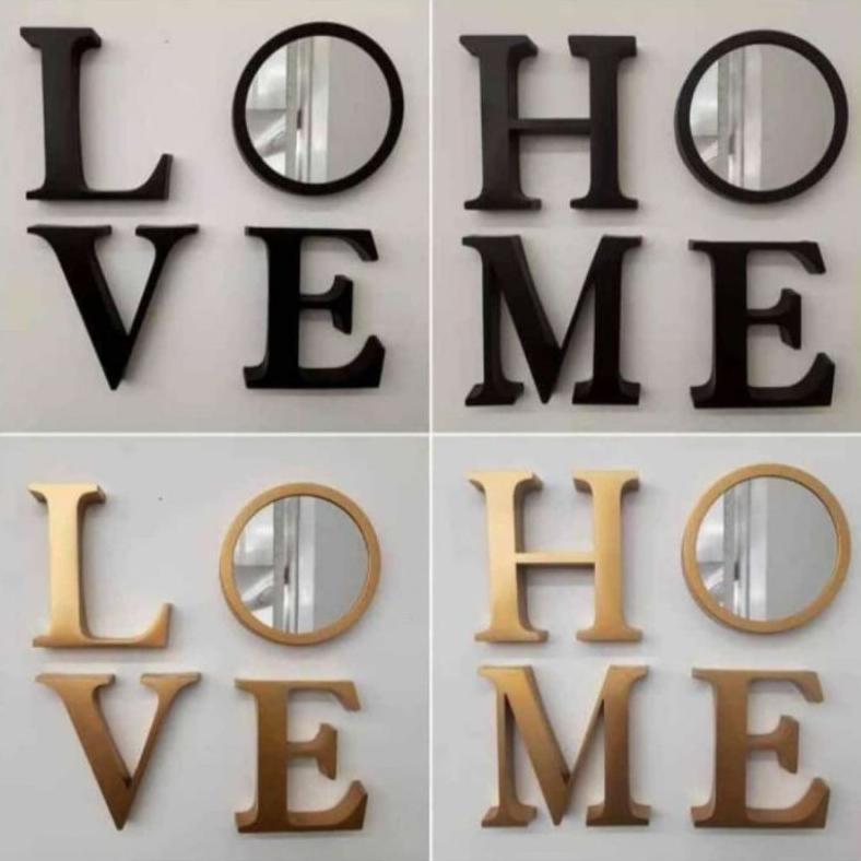 Hiasan Dinding Love & Home, Cermin/ Jam Set 4 Pcs