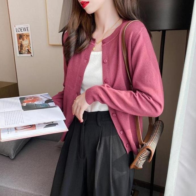 Langsungaja- Kardigan Rajutan Tipis Warna Polos Ramping Lengan Panjang Serbaguna Baru Knitwear Wanit