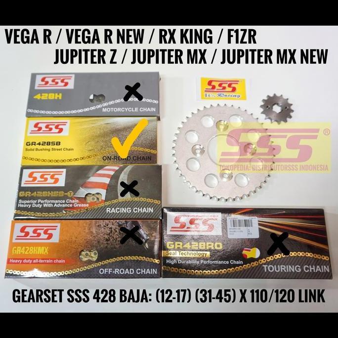 GEARSET SSS 428 RX KING FIZR JUPITER MX JUPITER Z VEGA R RANTAI GOLD SSS SB GIRSET GIR SET GEAR SET
