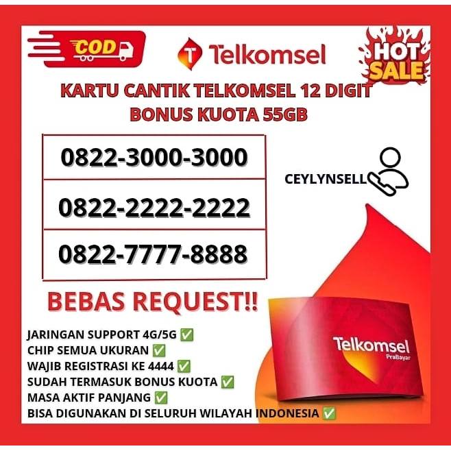 Kartu Perdana Tekomsel / Kartu Cantik Telkomsel 12 Digit Bonus Kuota 55GB Bisa digunakan Diseluruh w