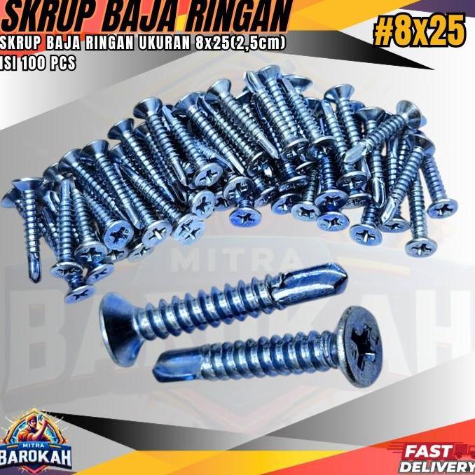 Nutbolt- Skrup Baja Ringan Ukuran 2.5Cm #8X25 1Bungkus Isi 100Pcs/Sekrup Baja,Skrup Roofing Baut Skr