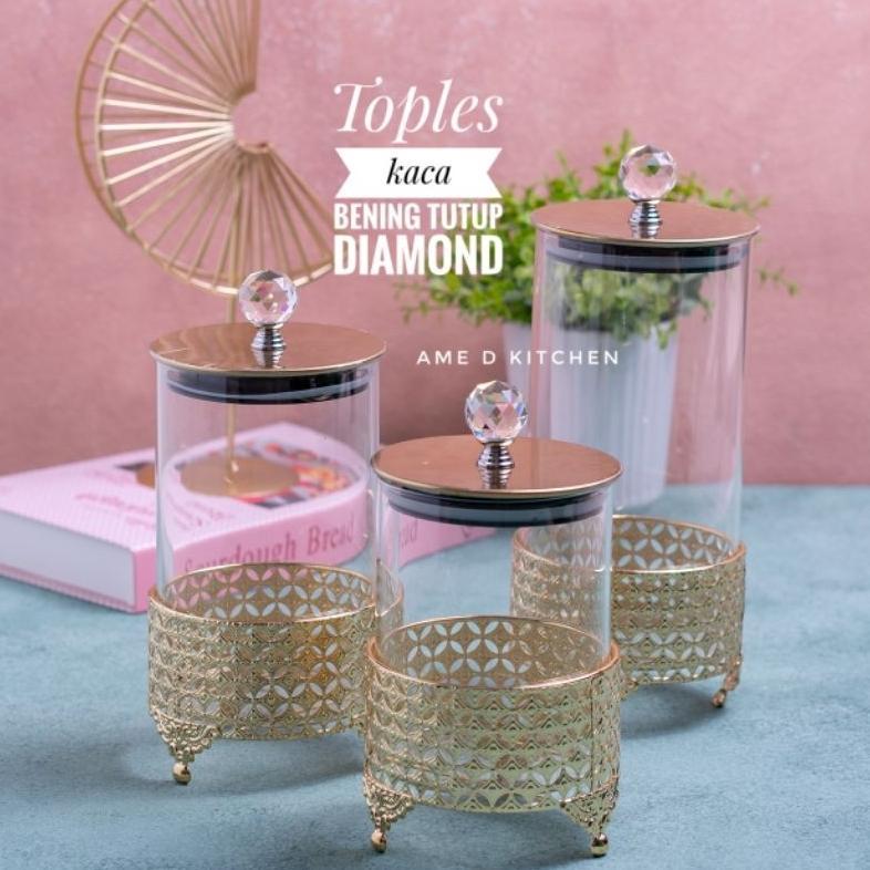 Toples Kaca Tutup Gold Diamond Dengan Rak
