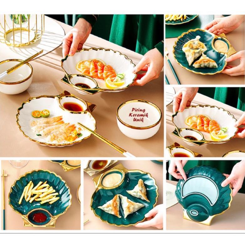 Piring Saji Keramik Bentuk Kerang Dengan Sekat Sambal