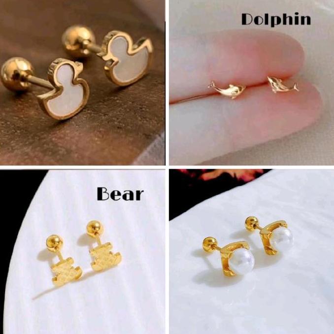 Kyuu- Anting Duck Bear Dolphin Anak Dewasa Titanium Anti Karat Perempuan Perempuan