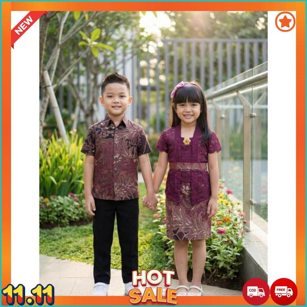 Couple Kemeja Batik Anak Laki Laki & Kebaya Brokat Bali Anak Perempuan Usia 1-9 Tahun [L7]