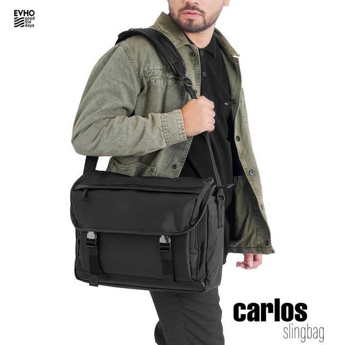 NEW Evho - CARLOS Black Slingbag muat Laptop 14 inch I Messenger Bag Pria