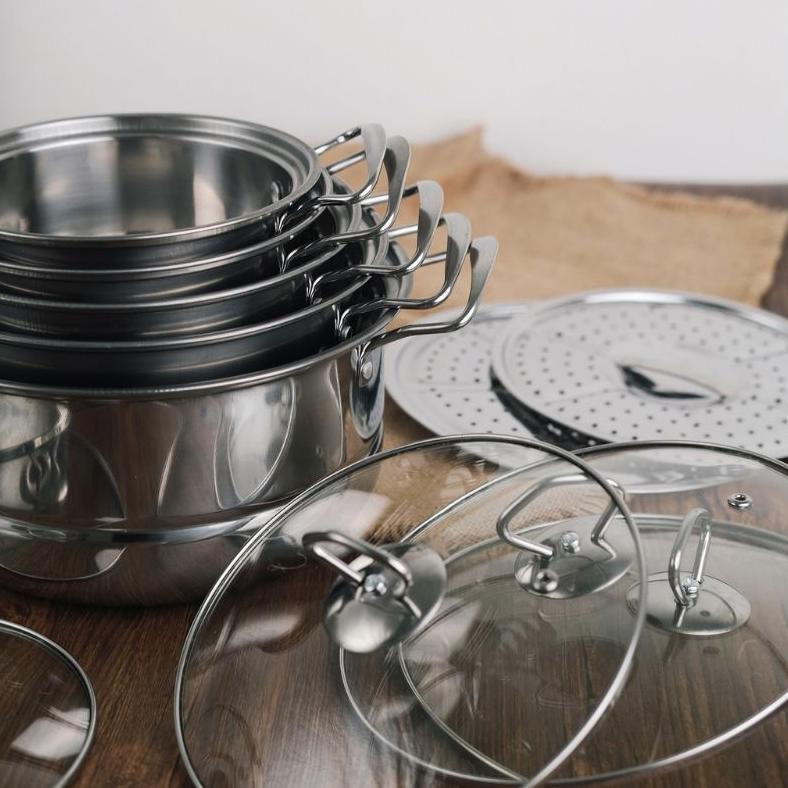 DISKON PANCI SET HIGH POT STEAMER 12PCS BMW/ PANCI SET ISI 5 TUTUP KACA+STEAMER
