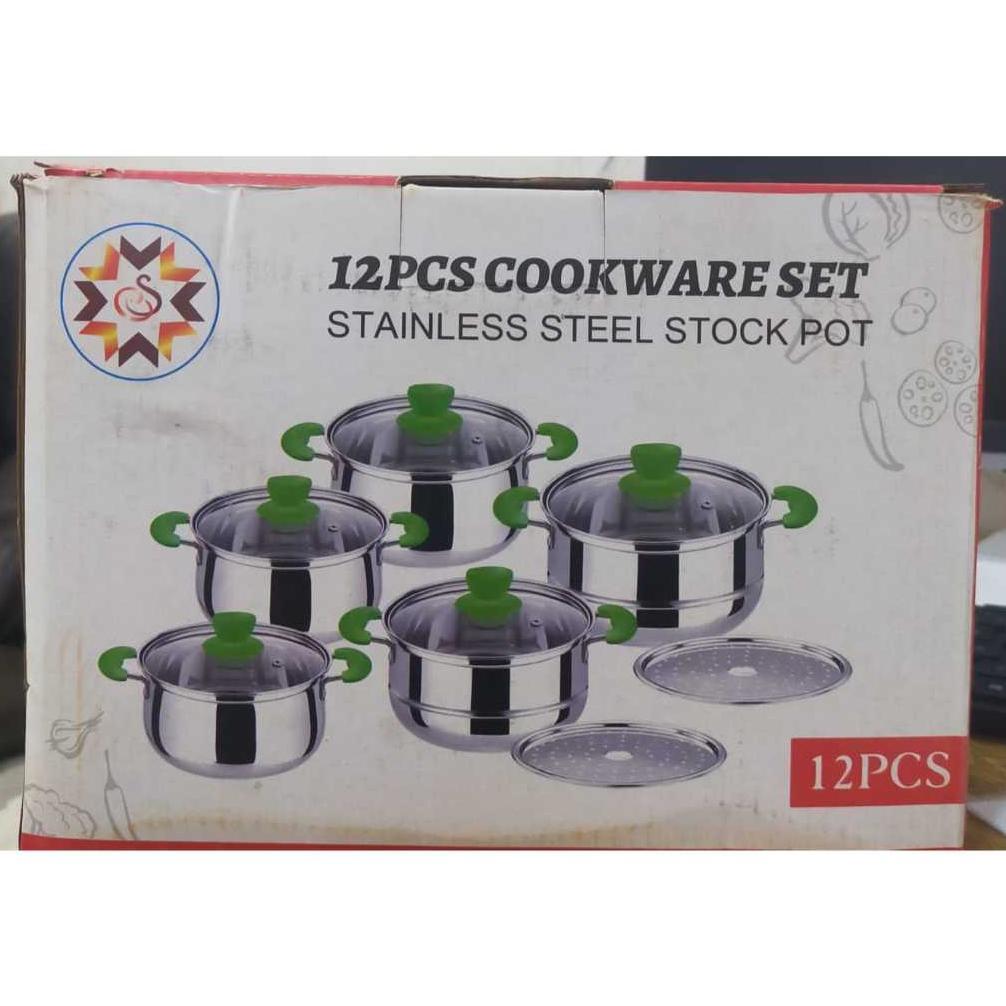DISKON [HZ] - PANCI SET TUTUP KACA STAINLESS STEEL 12 PCS COOKWARE STEAMER / PANCI STEAMER TUTUP KAC