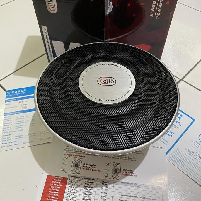 Promo Subwoofer cello slim 8 inch W8S lengkap dengan grill.  Impedansi 4 ohm , nominal daya 100 watt