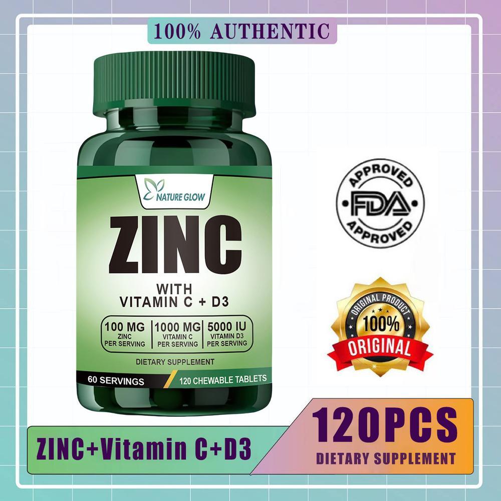 Nature Glow Supplements Zinc Chewable Tablets Zinc 100mg, Vitamin C 1000mg, and Vitamin D3 5000 IU S