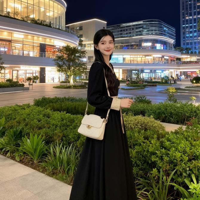 Long Dress Hitam Premium Look Vintage Modern Dress Hitam Formal Korea Motif Renda & Ikat Pinggang Mu