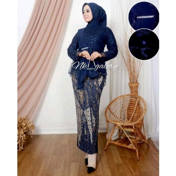 Couple Kebaya Modern Navy Batik Saroja Navy- Baju Setelan Kebaya Payet Pasangan Sarimbit TM