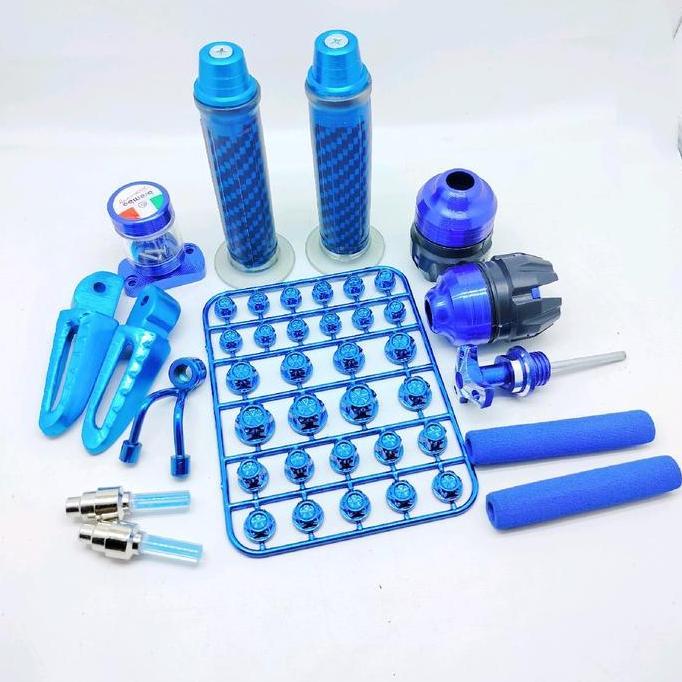 paket Honda biru hangrip karbon+ jalu stang+ Jalu as+ stempel kaca+ fostep samping+gantungan+jarum o