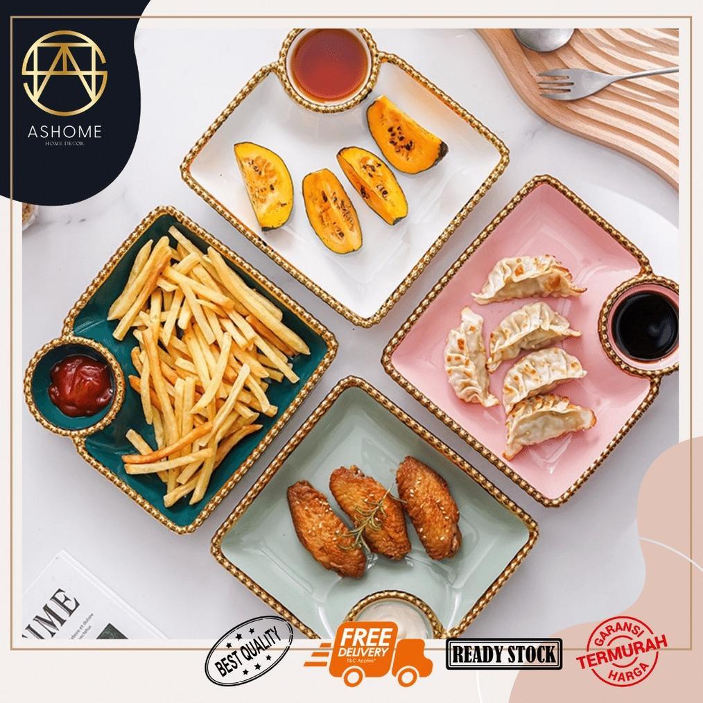 Piring Keramik Kotak Dengan Sekat Tempat Saos Elegant List Gold Mewah / Piring Saji Keramik Sekat Li