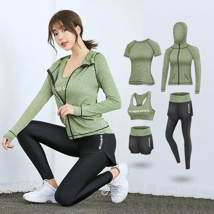Setelan Sport Set 5In1(Jaket,Legging,Bra,Hotpant,Kaos) Olahraga Wanita