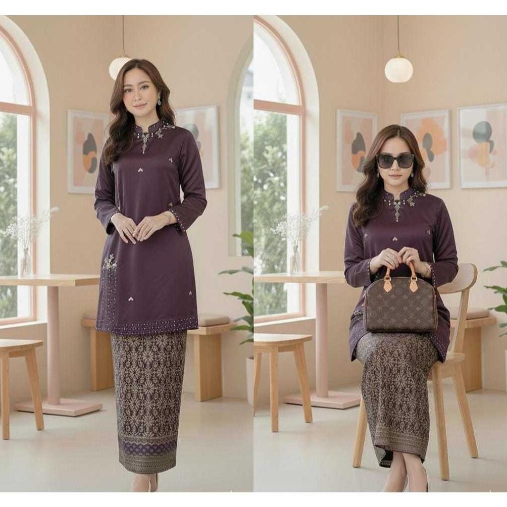 PALING DICARI Setelan Kebaya Melayu Belah Samping Modern Wanita Elegan Premium Set Atasan & Rok Bati
