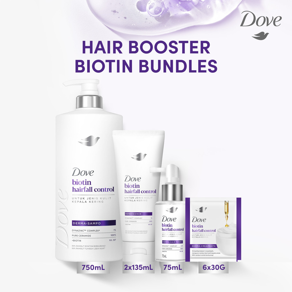 [Dove Bundle Booster Anti Rontok] Dove Hair Care Biotin Shampoo 750ml + Conditioner 135ml x2 + Tonic