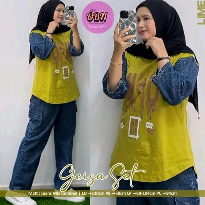 Promo Geisa Set Setelan Baju Wanita  Dewasa Bahan Jeans Combad Cod