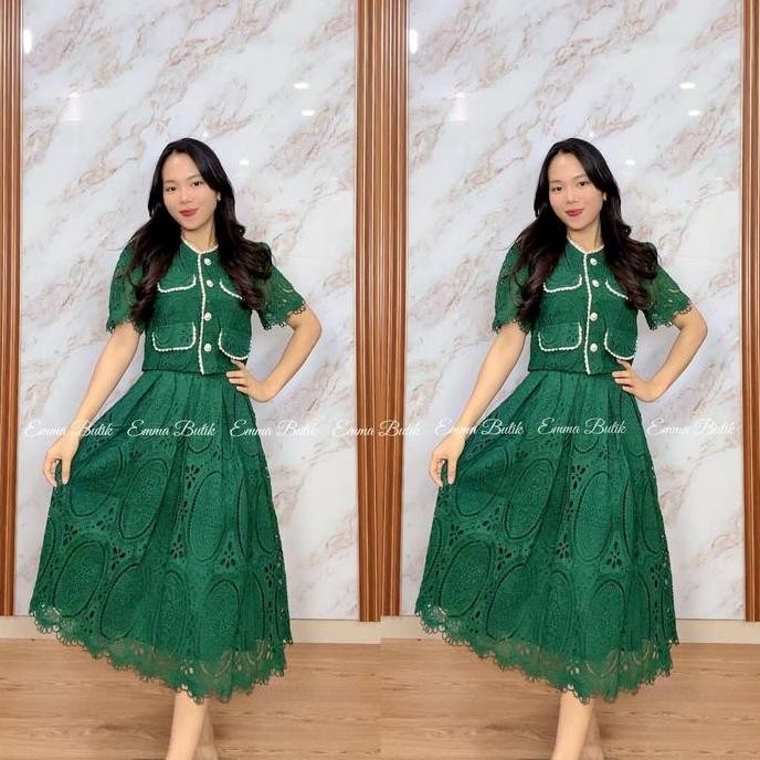 Promo Emma.Butik E00560 Setelan Brokat Rok Midi Wanita Pesta Lengan Pendek Wisuda Remaja Atasan Baju