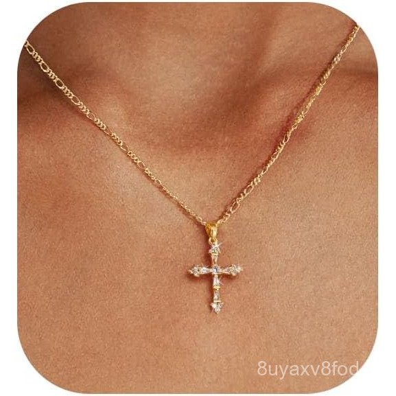 Kalung Salib Perhiasan Emas Salib Ganda Lucu Sederhana Kalung Fashion Liontin Berlapis Emas 14K Kalu