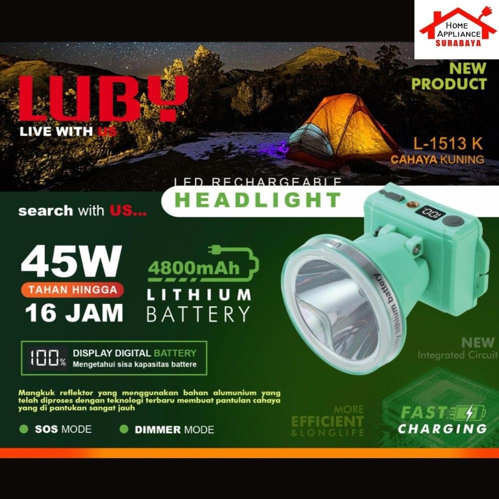 LUBY Senter kepala Cas LED 45W - 45 Watt 4800mAh L-1513L Cahaya Putih / L-1513K Cahaya Kuning + Lamp