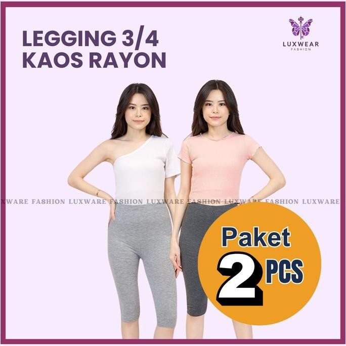 Promo Paket 2 PCS Legging Kaos 3/4 Pendek Motif Polos Celana Standar Dewasa Hitam Panjang Selutut Le