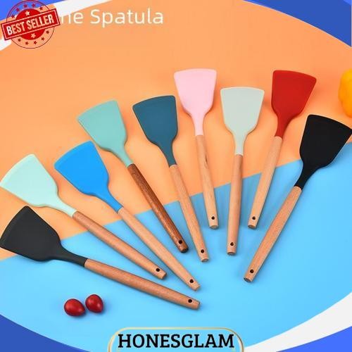 New Spatula Silikon Utensil Gagang Kayu Tahan Panas Sutil Silikon Tahan Panas