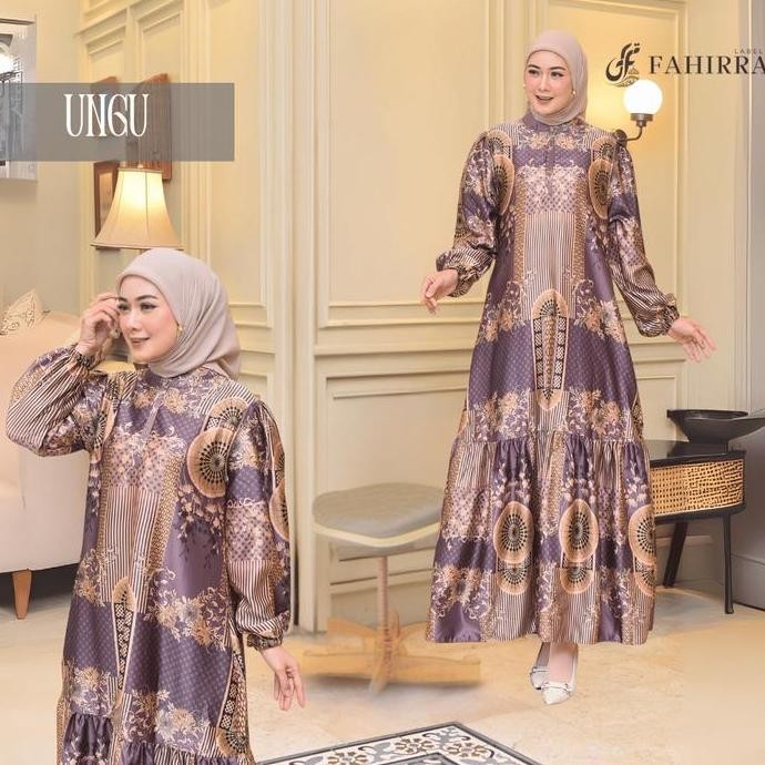DR281>> Dress ARUMI Bahan Silk Premium | Gamis Kondangan Lengan Balon Motif Bunga Elegan 2025