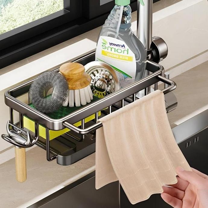 Rak Organizer Wastafel Dapur Tempat Sabun Spons Rak Aluminium Penyimpanan Tempat Kain Pencuci Piring