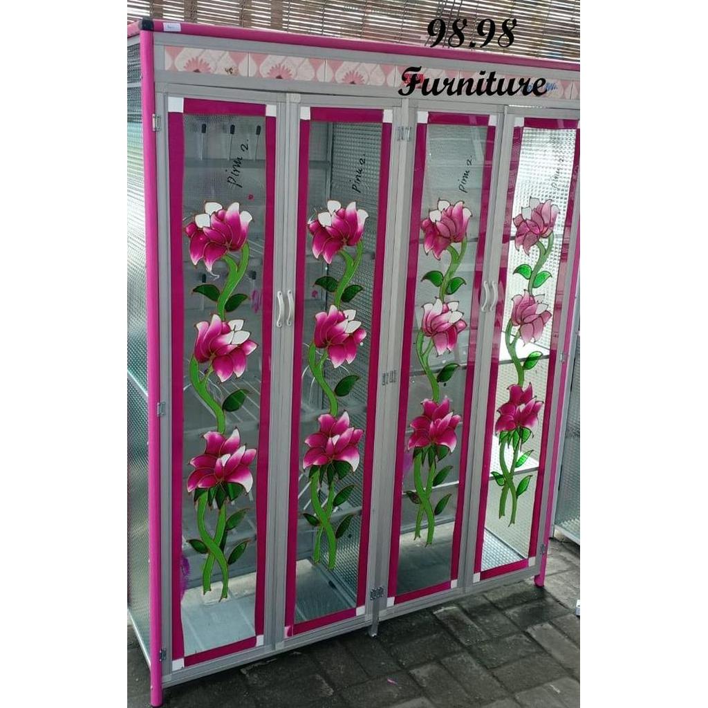 Rak Piring Aluminium 4 Pintu Motif - Rak Piring Kaca 4 Pintu - Medan