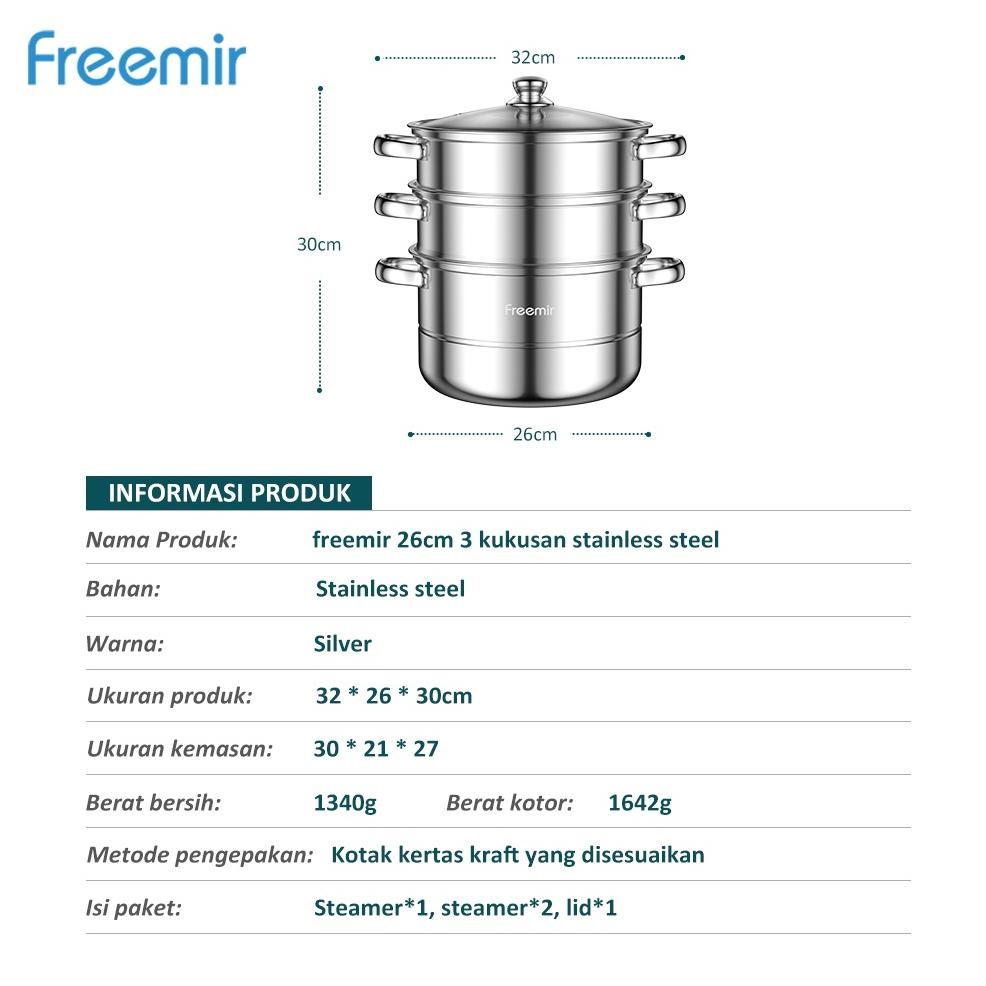 [UPGRADED] freemir Panci Kukus 3 Susun Tutup Kaca Kukusan Stainless Steel Tebal 26cm Steamer Pot Ala