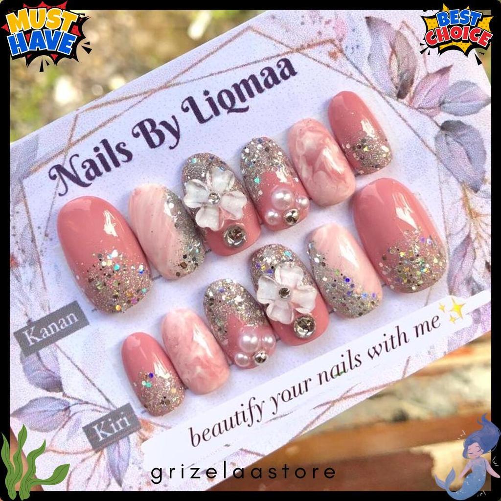 Wajib Punya Kuku Palsu Pink Nude Kombi Bunga / Kuku Palsu Wedding / Nail Art Nude / Kuku Palsu Nude 