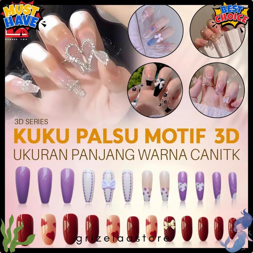 Lagi Diskon Nih Kuku Palsu 3D Nail Art Timbul Lucu Fake Nails Panjang Estetik Esthetic Elegan Elegan