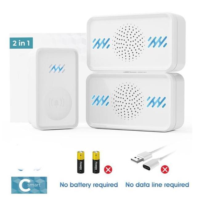 KEZOUKAKU- Bel Pintu Rumah Remote C Smart White Wireless Waterproof Doorbell 1x Remote 2x Receiver W