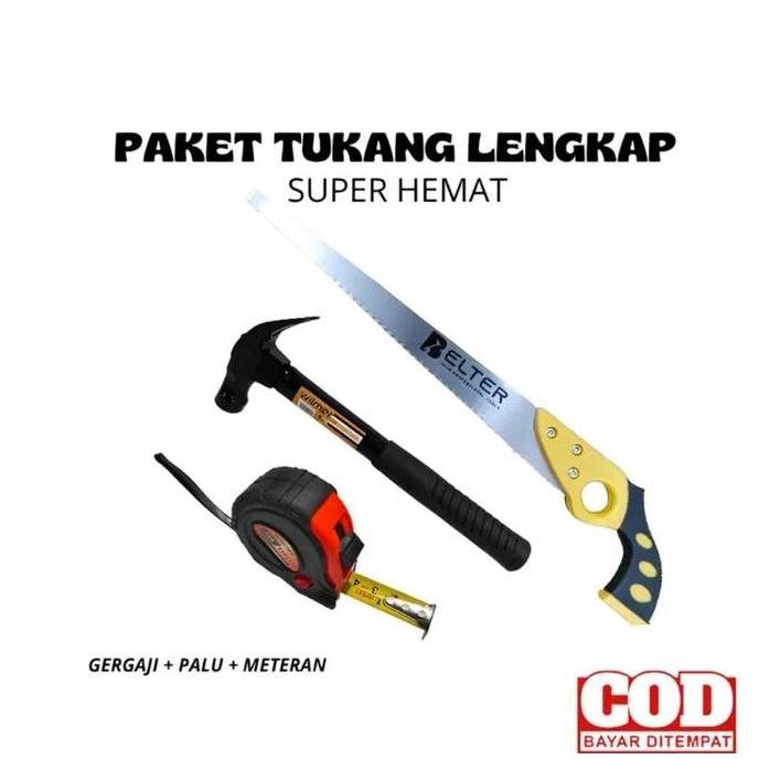 KAHONO Paket Gergaji Kayu-Meteran-Palu Murah Berkualitas Palu Gagang besi 8 oz - Gergaji Lancip Kayu