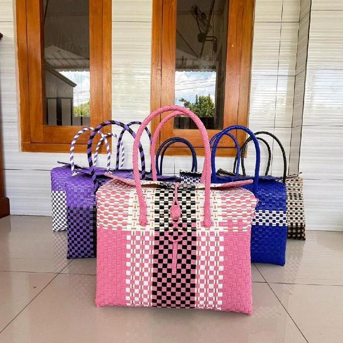 Tas Anyaman Tutup Muat 10 Kg Buat Belanja Wanita Tote Plastik Ringan Khaky Blue Tas Belanja Dengan P