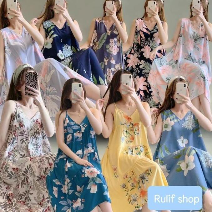 Rulif Daster Rayon Tanpa Lengan Import /Dress Rayon Allsize Wanita/Daster Kensi Motif Bunga Batik Na