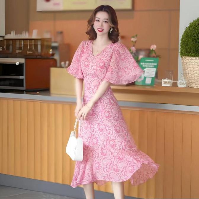 Promo Dress Midi Motif Pantai Sifon  pink Gaun bunga Casual Wanita  Retro COD