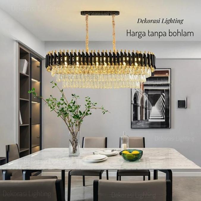 Lampu gantung kristal hitam gold 100cm panjang 15 lampu kristal 3susun